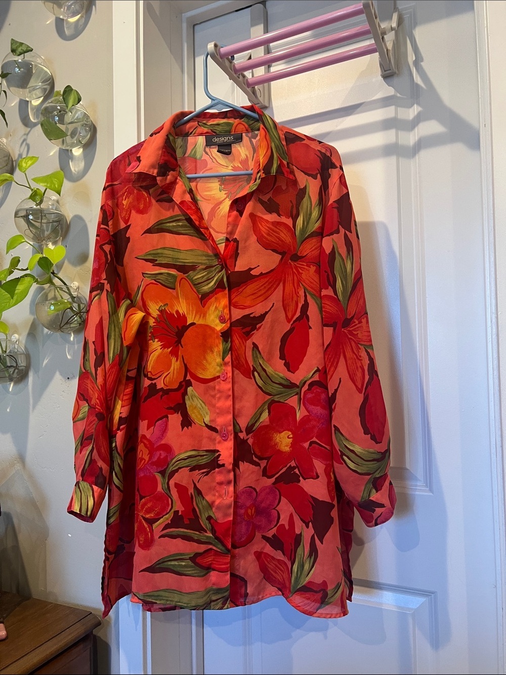 Lane Bryant Coral Multi Tropical Button-Front Blouse